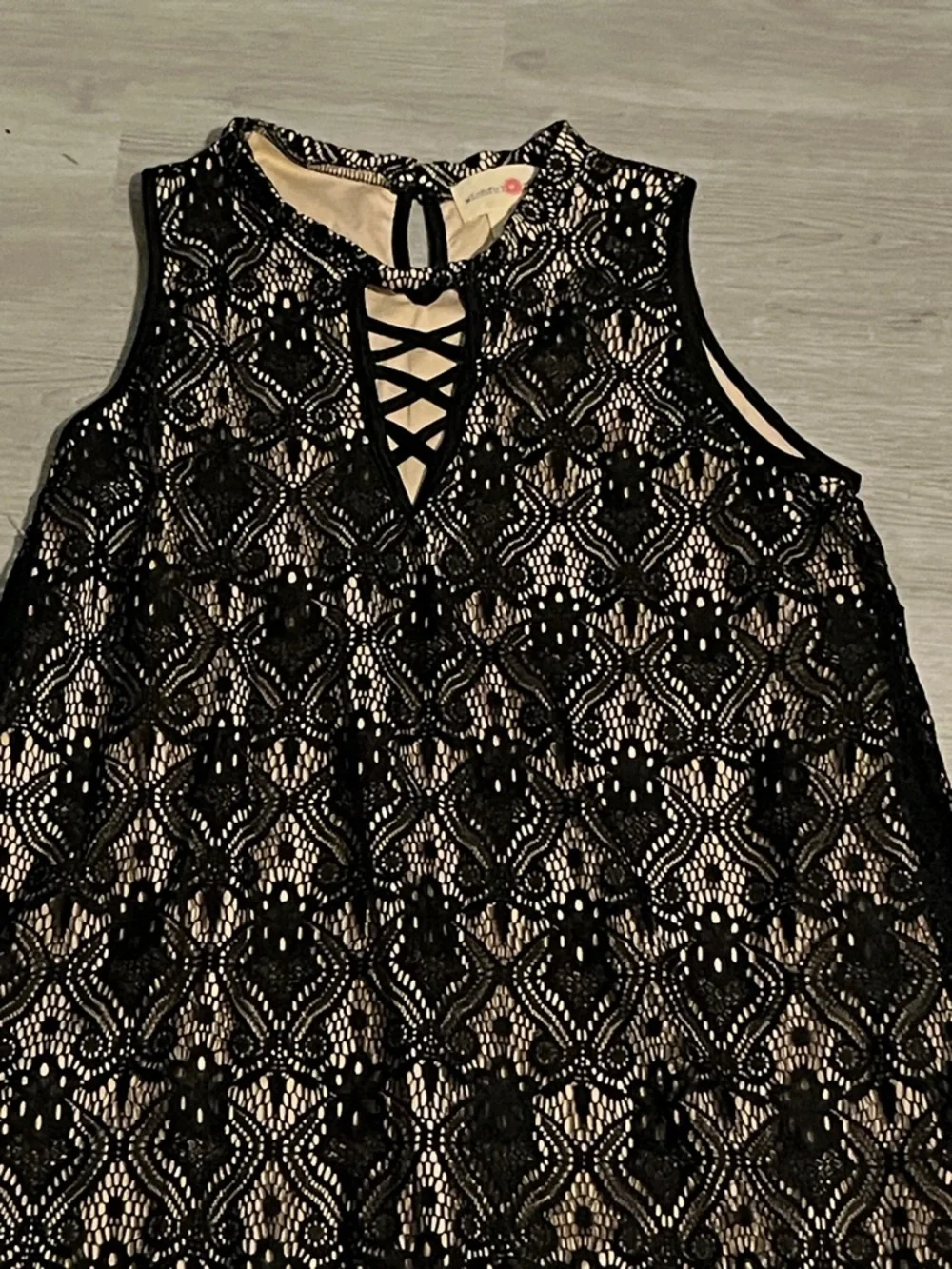 Sleeveless Black Lace Overlay A-Line Dress with Nude Lining - Picture 2 of 3